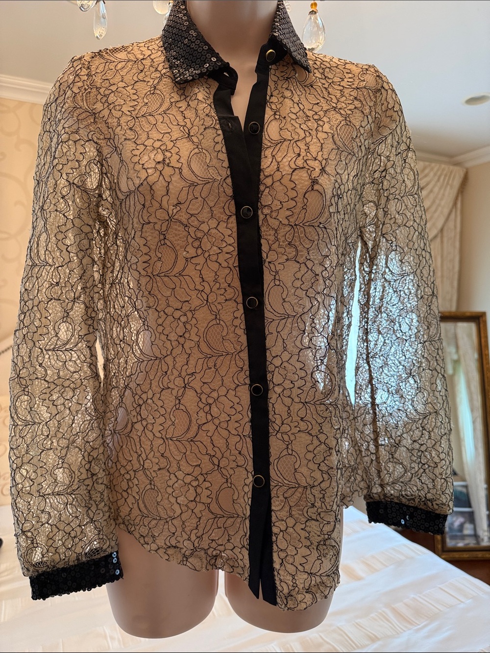 ISSI Beige Sheer Lace Button-Down with Black Sequin Trim